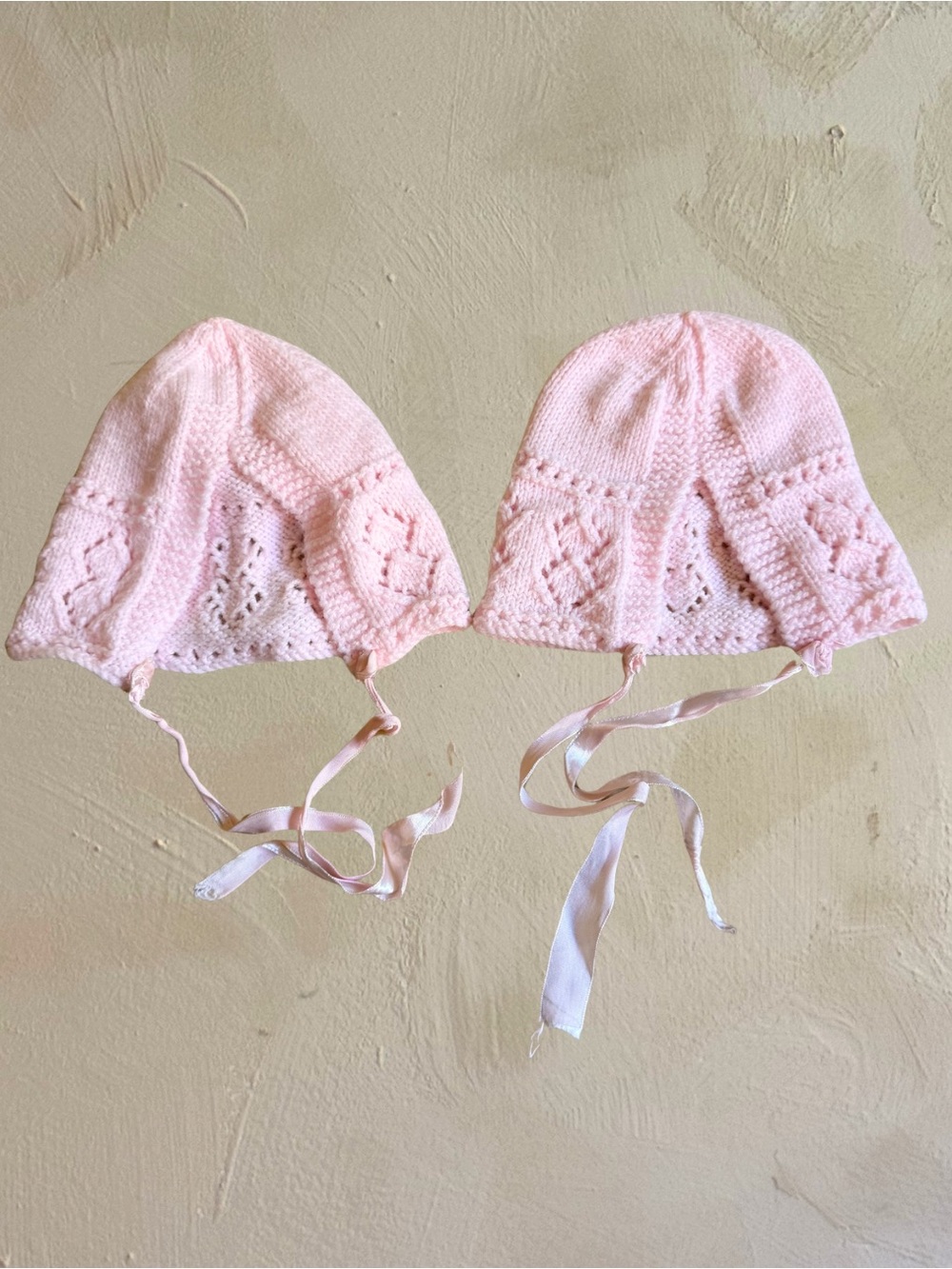 Vintage | Handmade Pink Knit | Baby Bonnets Set of 2 | Newborn
